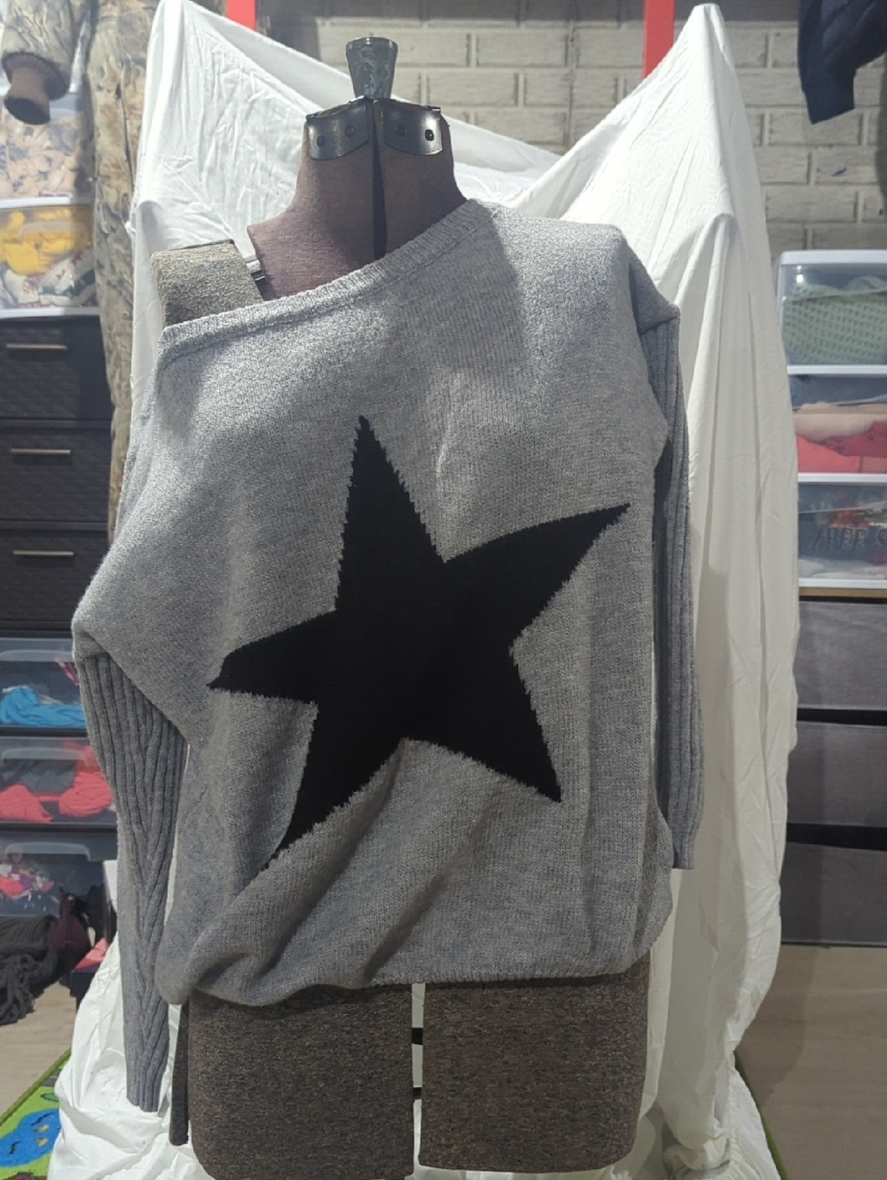 Women’s Grey Knit Sweater with Black Star Accent